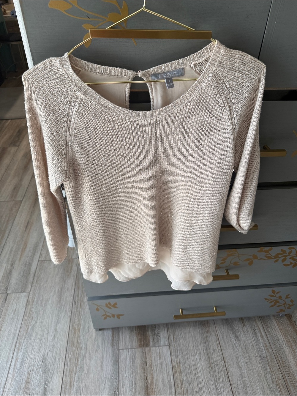 Neiman Marcus Cream Scoop Neck Knit Sweater with Chiffon Layer